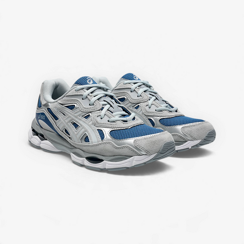 METRO ASICS GEL-NYC sneakers in twilight blue and gravel grey with a layered mesh and suede design.