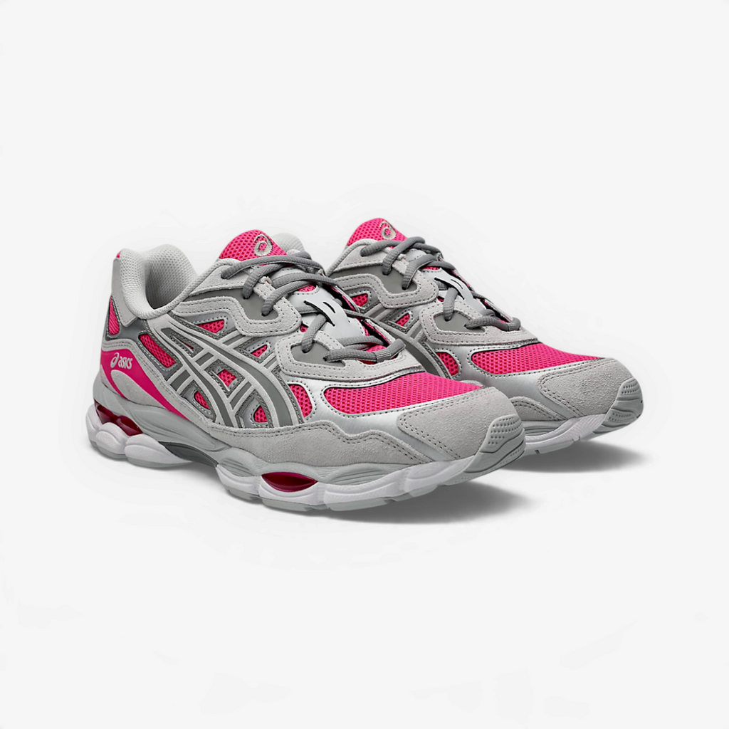 METRO ASICS GEL-NYC sneakers in Pink Glo and Concrete with layered mesh and suede design and GEL cushioning.