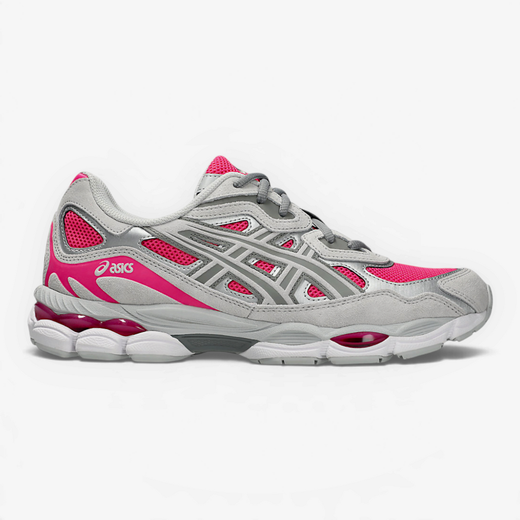METRO ASICS GEL-NYC runner in Pink Glo and Concrete grey with layered mesh and suede design and GEL cushioning.