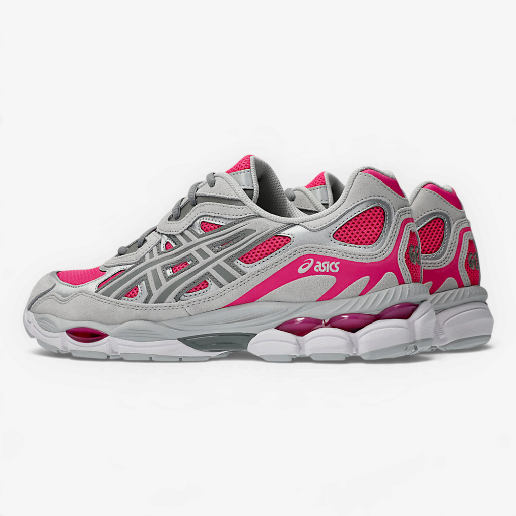 METRO ASICS GEL-NYC sneakers in Pink Glo and Concrete with a layered mesh and suede runner design.