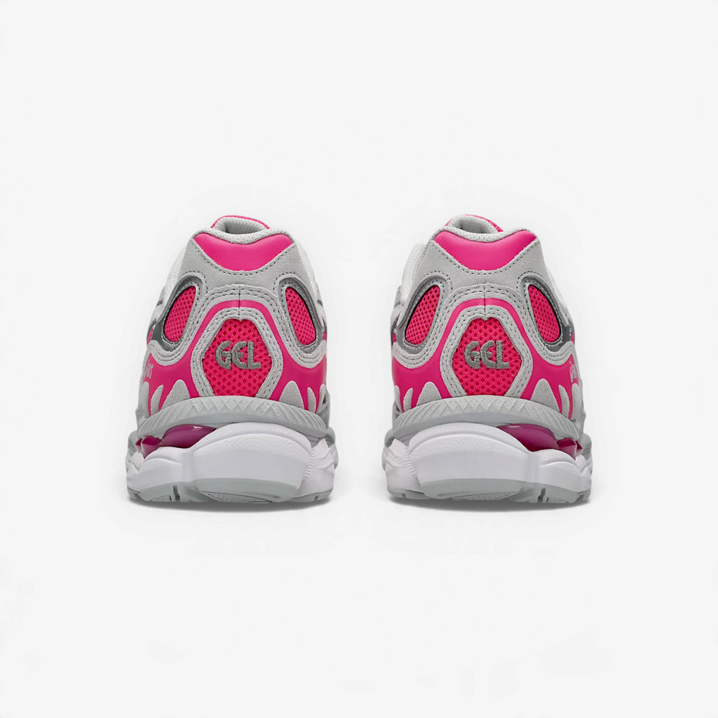 METRO ASICS GEL-NYC sneakers in Pink Glo and Concrete, showing the rear view with layered mesh and GEL cushioning.