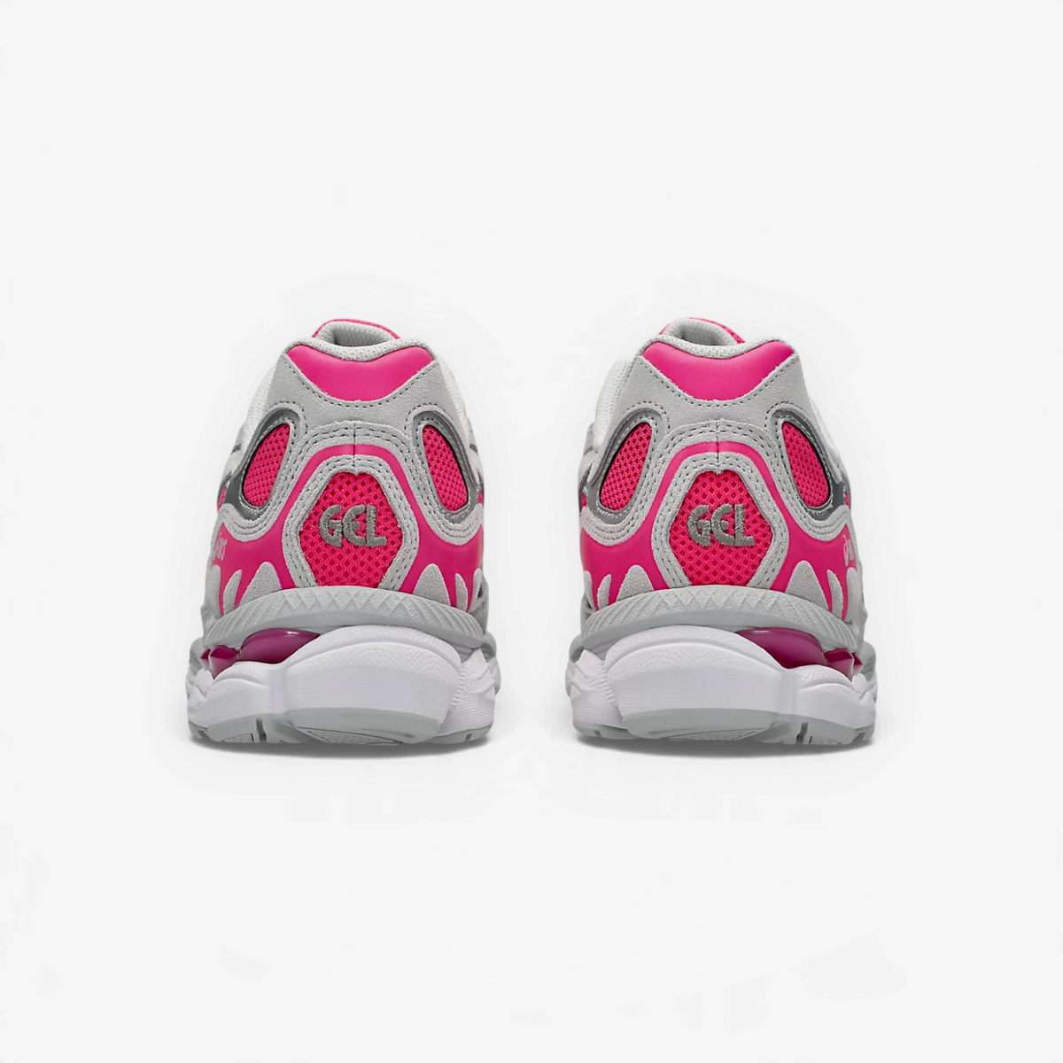 METRO ASICS GEL-NYC sneakers in Pink Glo and Concrete, showing the rear view with layered mesh and GEL cushioning.