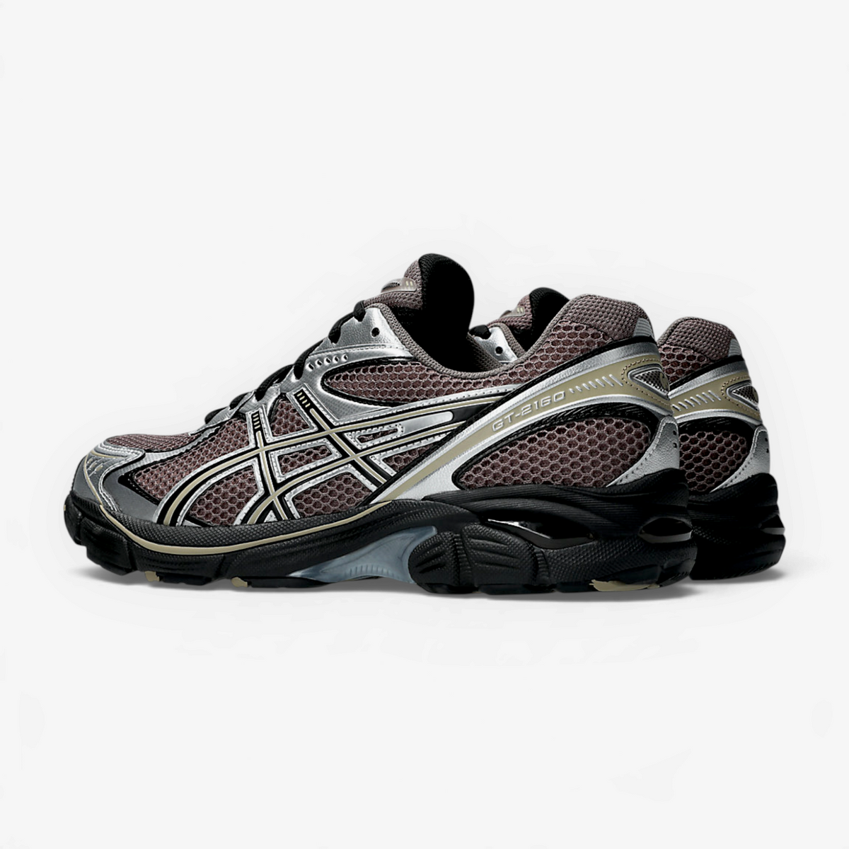 METRO ASICS GT-2160 sneaker in cocoa powder and black with mesh upper, metallic accents, and GEL cushioned midsole.