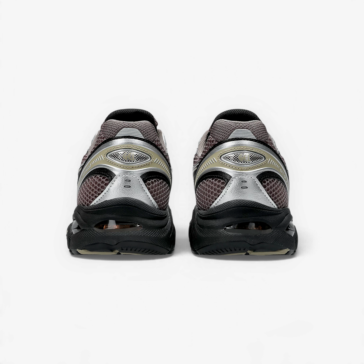 METRO ASICS GT-2160 sneakers in cocoa powder and black, showing the rear view with segmented midsole and GEL cushioning