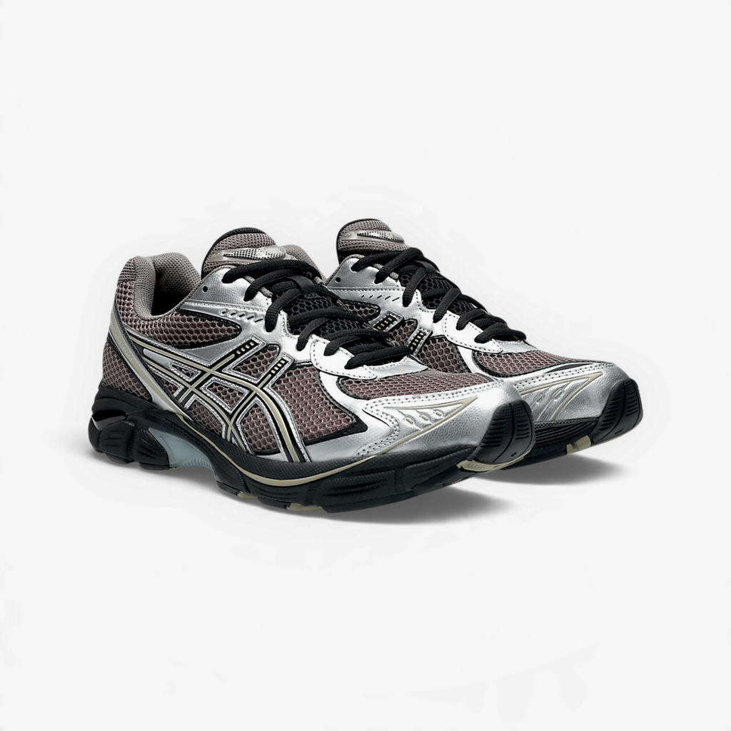 METRO ASICS GT-2160 sneakers in cocoa powder and black with metallic silver accents and a technical mesh design.