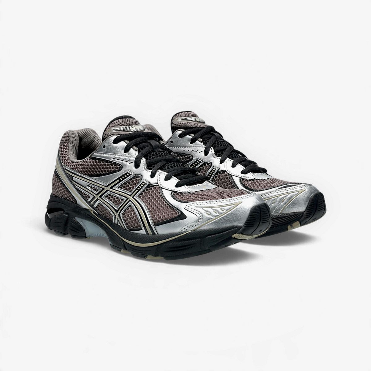 METRO ASICS GT-2160 sneakers in cocoa powder and black with metallic silver accents and a technical mesh design.