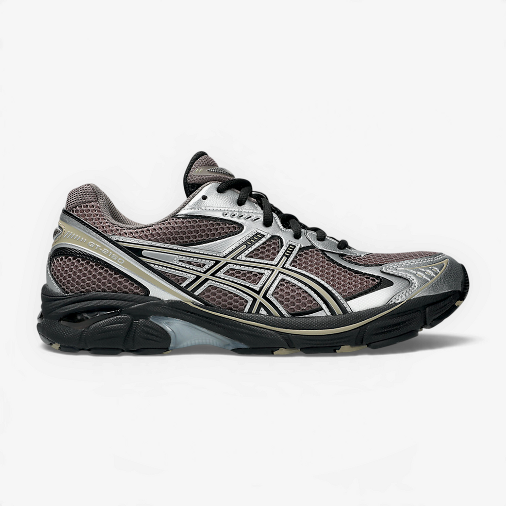 METRO ASICS GT-2160 sneaker in cocoa powder and black with mesh upper, metallic accents, and GEL cushioning.