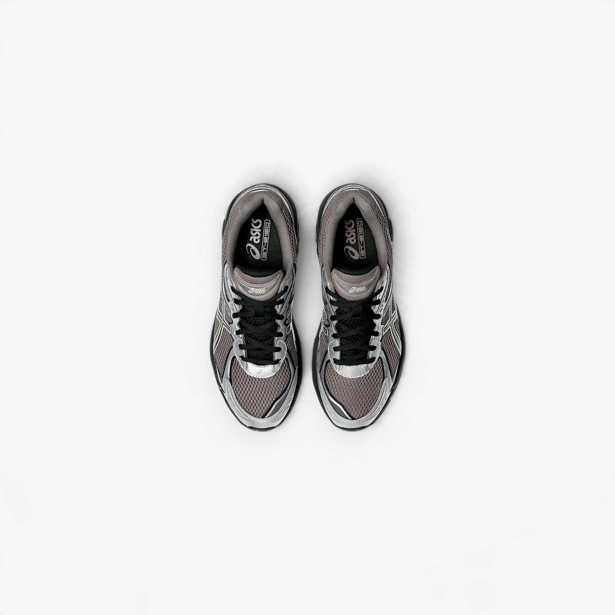 METRO ASICS GT-2160 sneakers in cocoa powder and black with a technical mesh design, top-down view.