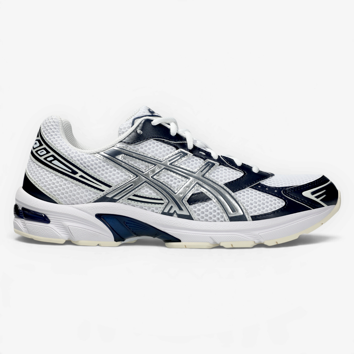 METRO ASICS GEL-1130 retro running shoe in white and midnight blue with layered mesh upper and silver accents