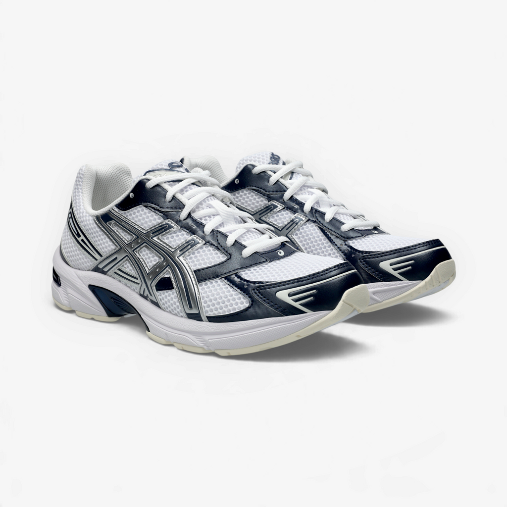 METRO ASICS GEL-1130 retro running sneakers in white and midnight blue with layered mesh and metallic accents