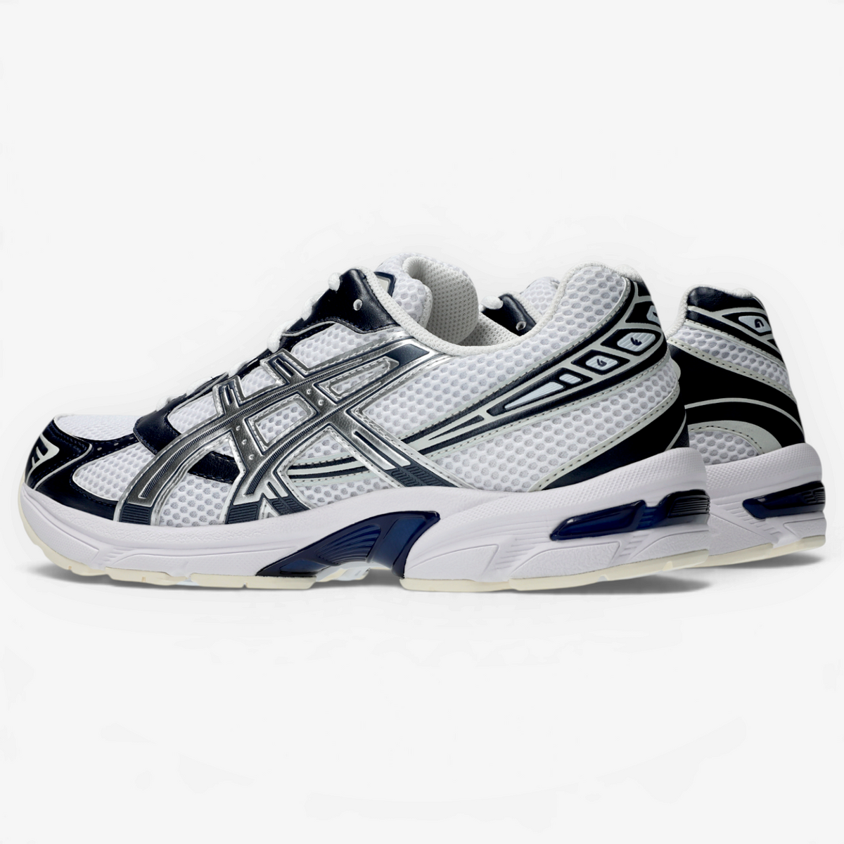 METRO ASICS GEL-1130 retro running sneakers in white and midnight blue with a layered mesh upper and GEL heel unit.