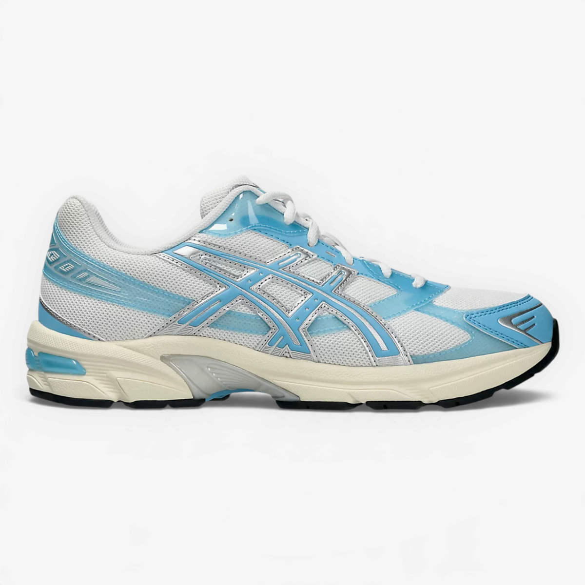 METRO ASICS GEL-1130 sneakers in white and storm cloud with glossy blue TPU overlays and retro running silhouette