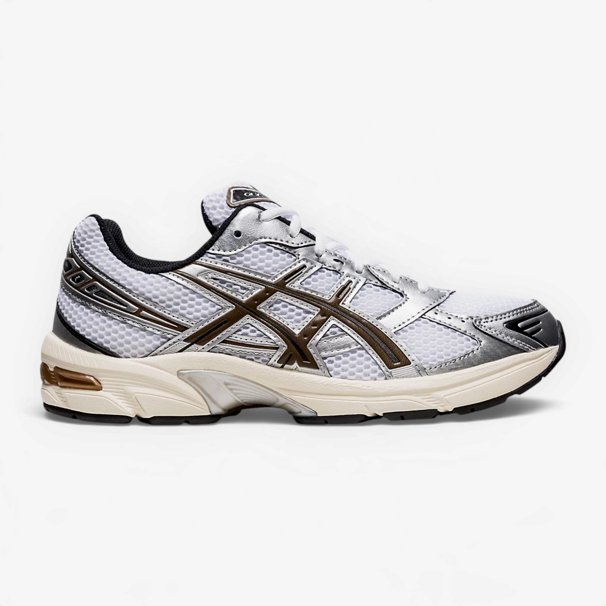 METRO ASICS GEL-1130 retro runner in white mesh with metallic silver overlays and clay canyon brown accents.