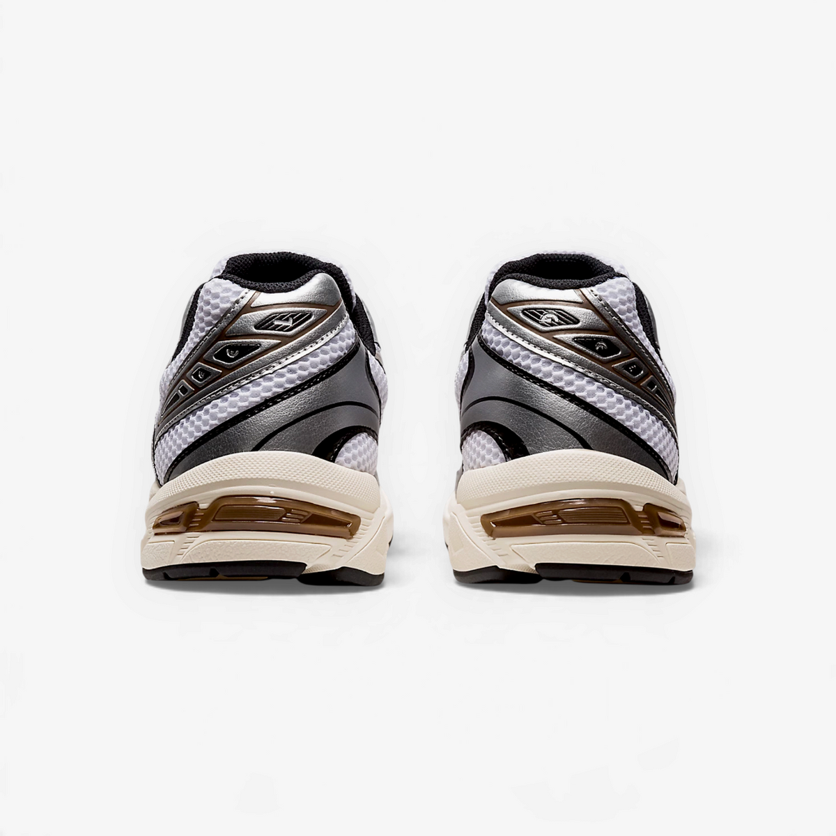 Rear view of METRO ASICS GEL-1130 sneakers in white, metallic silver, and clay canyon with visible heel cushioning.