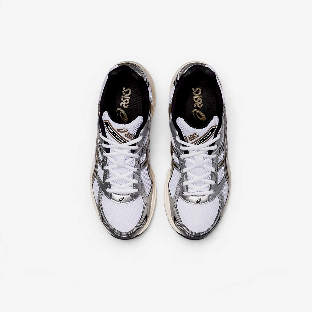 METRO ASICS GEL-1130 retro runner sneakers in white mesh with metallic silver and Clay Canyon accents, top view.