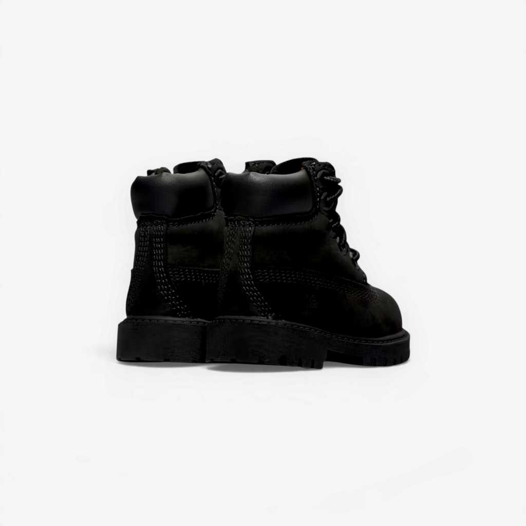METRO Timberland toddler black waterproof 6-inch premium leather boots with padded collar and rugged rubber lug sole.