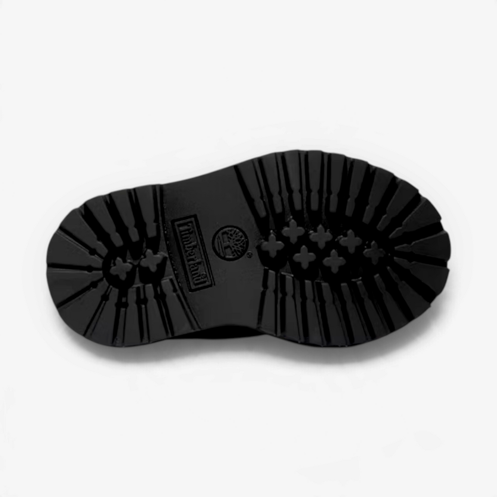 METRO Timberland toddler black waterproof boot showing the rugged rubber lug sole tread pattern