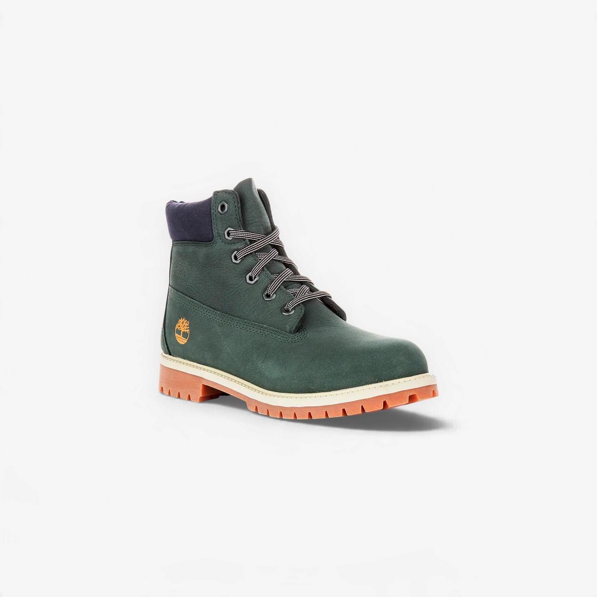 METRO Timberland junior 6-inch waterproof boot in dark green nubuck leather with a navy collar and rugged lug sole.