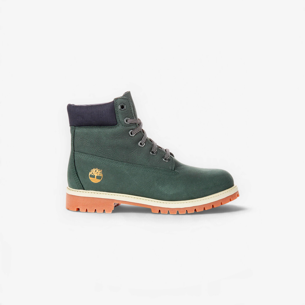 METRO Timberland junior dark green nubuck leather waterproof 6-inch boot with navy collar and rugged lug sole