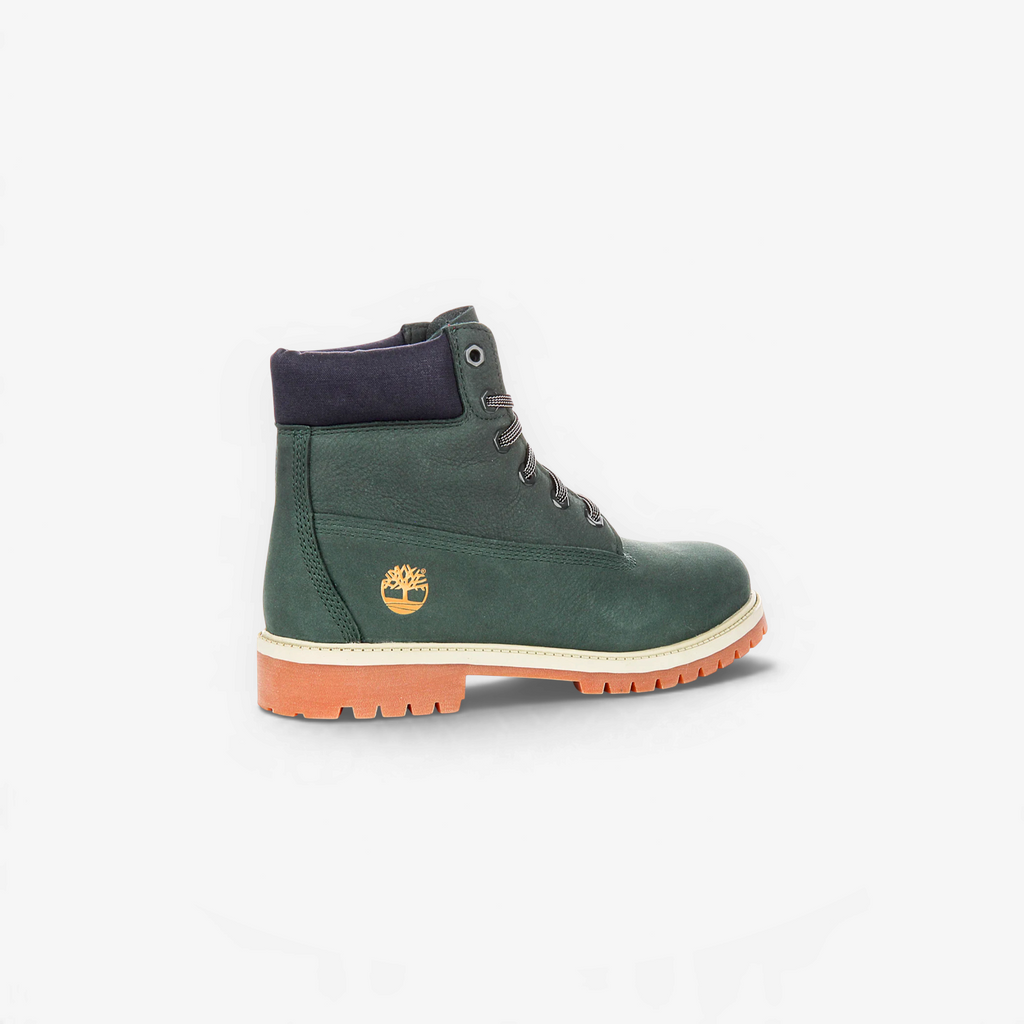 METRO Timberland junior dark green nubuck leather waterproof 6-inch boot with navy collar and rugged lug sole