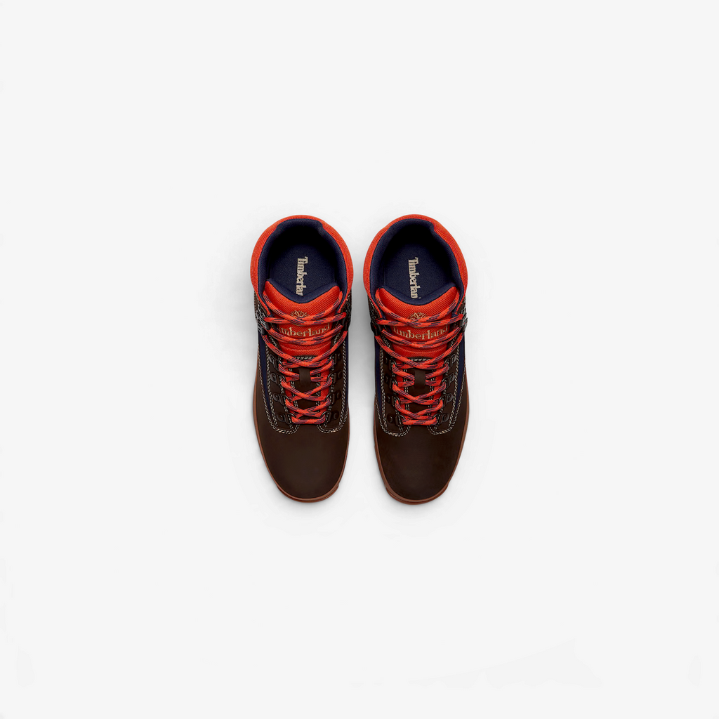 METRO Timberland Men’s Euro Hiker boots in dark brown nubuck with dark blue and orange accents, top-down view.