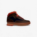 METRO Timberland Euro Hiker boots in dark brown nubuck and navy blue with orange mesh collar and patterned laces