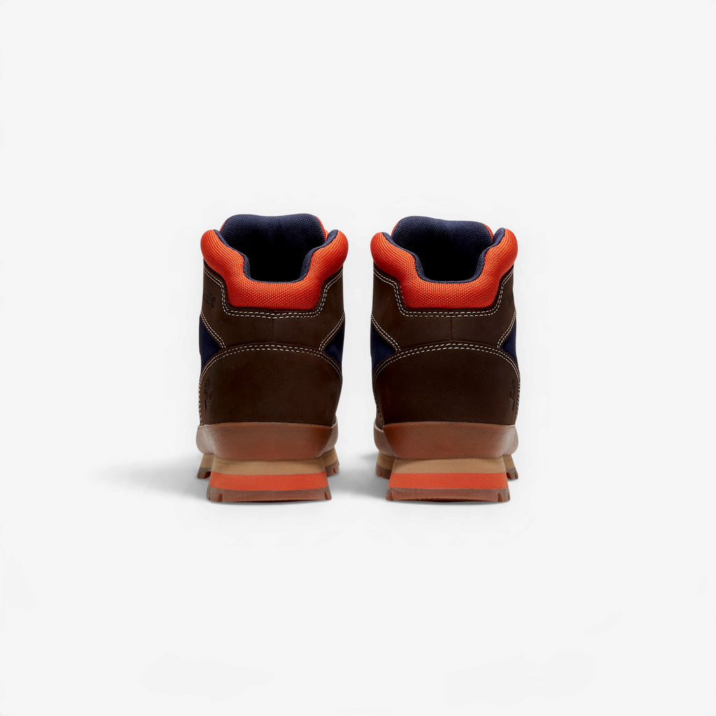 METRO Timberland Euro Hiker boots in dark brown nubuck and blue with orange padded collars, rear view