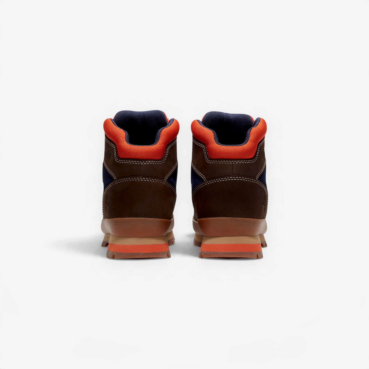 METRO Timberland Euro Hiker boots in dark brown nubuck and blue with orange padded collars, rear view