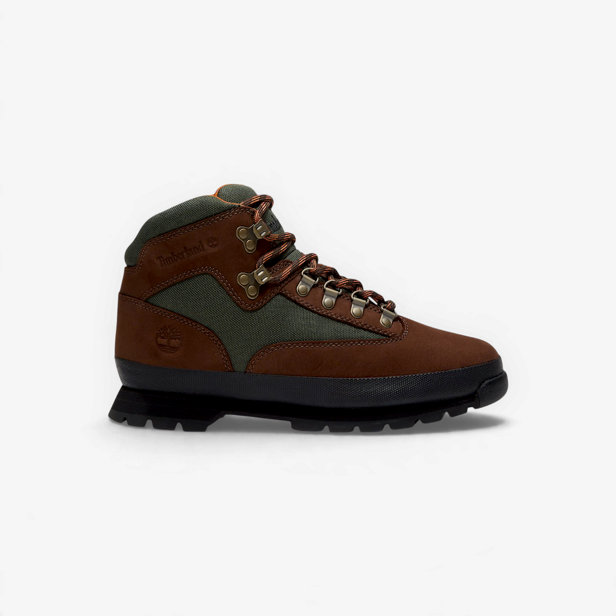 METRO Timberland Euro Hiker boots in dark brown nubuck and green mesh with speed-lace hardware and rubber lug sole