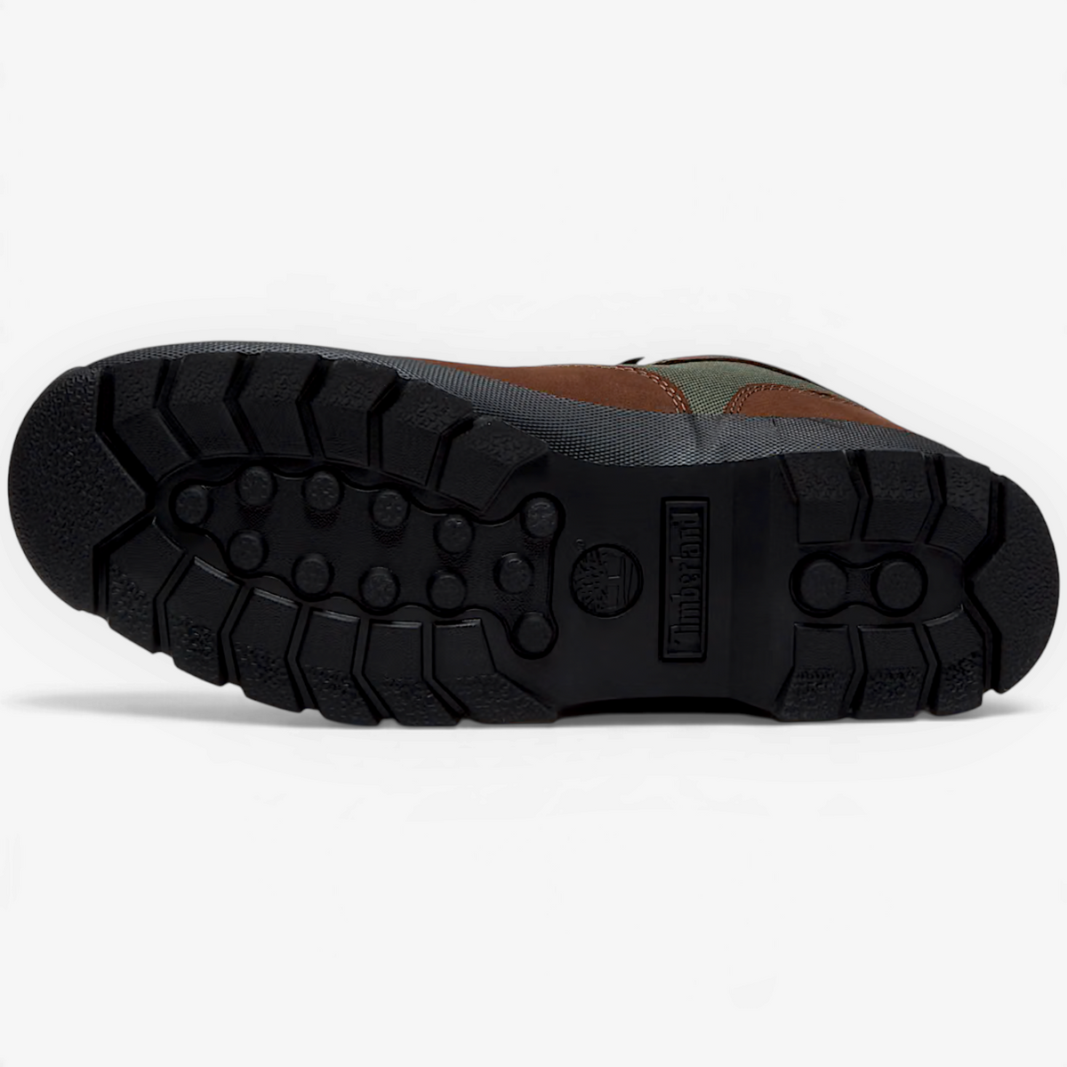 METRO Timberland Euro Hiker boot showing the black rubber lug outsole with deep tread pattern and brand logo