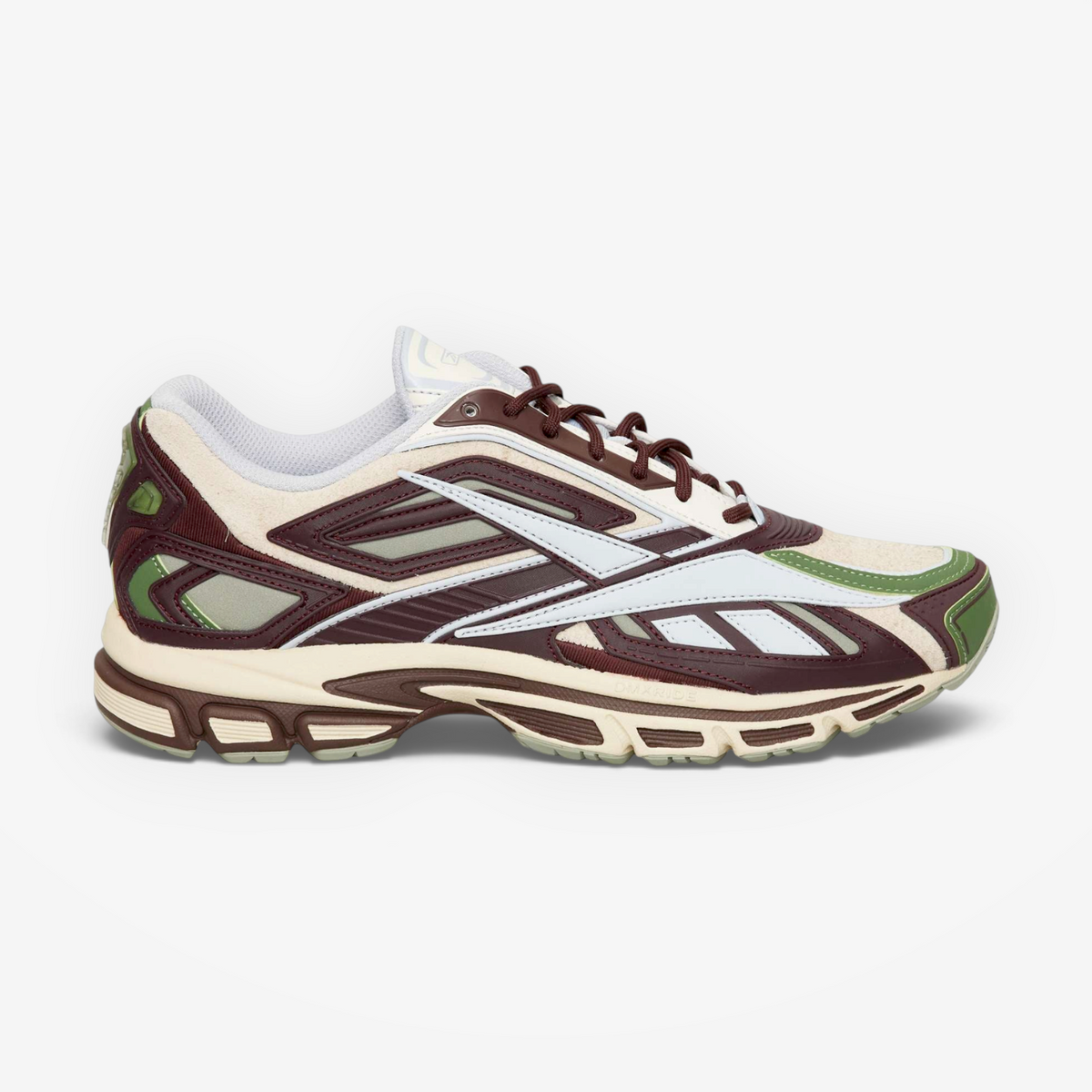 METRO Reebok Premier Road Ultra sneaker in dark cocoa, tranquil blue, and vintage chalk with a layered paneled upper.