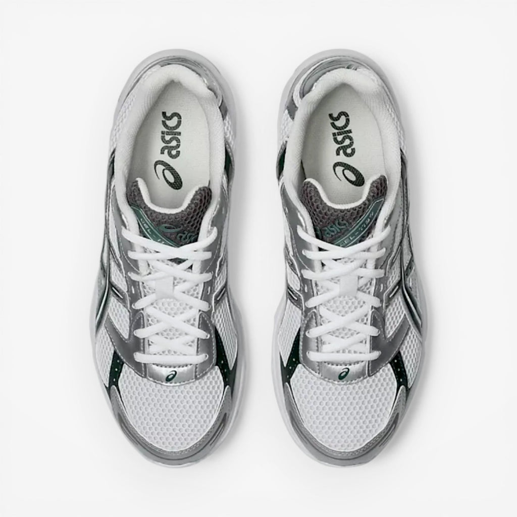 ASICS sneakers white and silver mesh top view, trendy footwear, athletic sneaker shoes