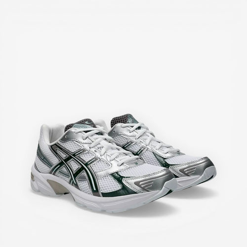 ASICS white and silver sneakers with mesh panels, ideal athletic footwear