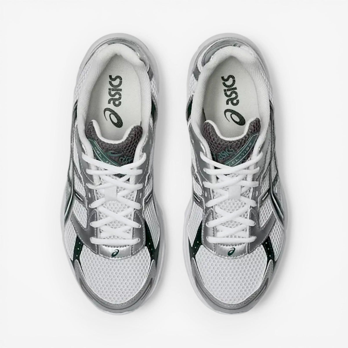 ASICS sneakers white and silver mesh top view, trendy footwear, athletic sneaker shoes