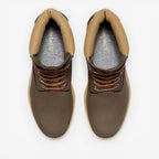 METRO Timberland Premium 6-Inch Waterproof Boot in dark brown leather with padded collar and lug sole.