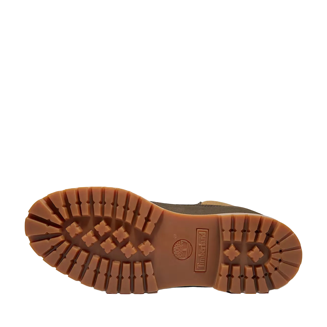 Close-up of a brown boot sole with brand logo on a white background