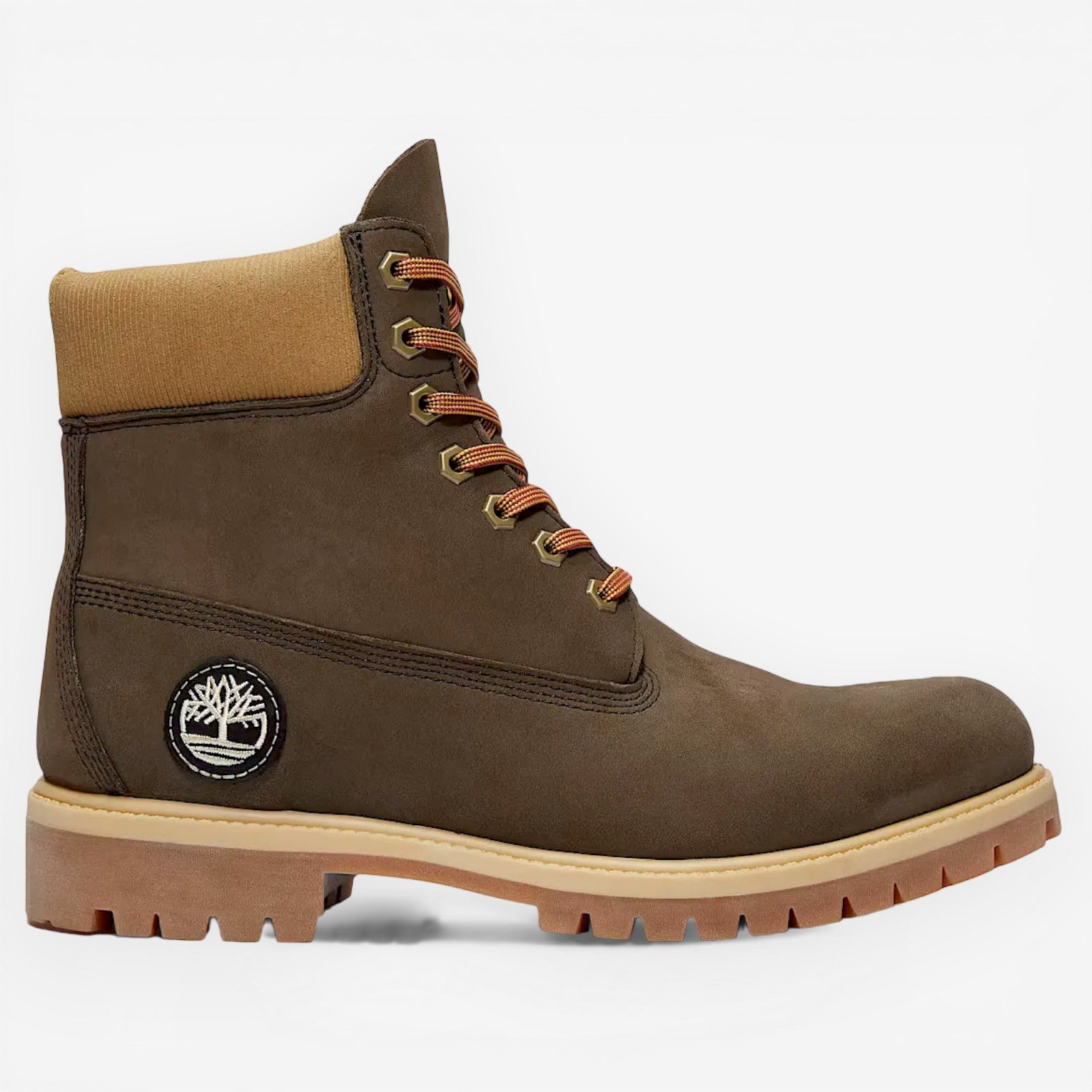 METRO Timberland Premium 6-Inch Waterproof Boot in dark brown leather with tan collar and orange-brown laces. Features lug sole.