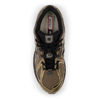 Top view of New Balance 1906R brown mesh sneaker, athletic footwear, black laces