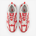 Pair of New Balance red and white running sneakers, mesh upper, white laces, top view