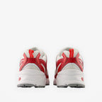 White and red new balance sneakers, rear view, mesh and leather footwear design
