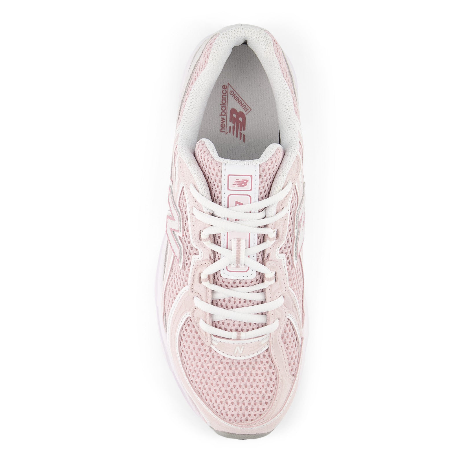 new balance pink mesh sneaker top view, lace-up athletic footwear