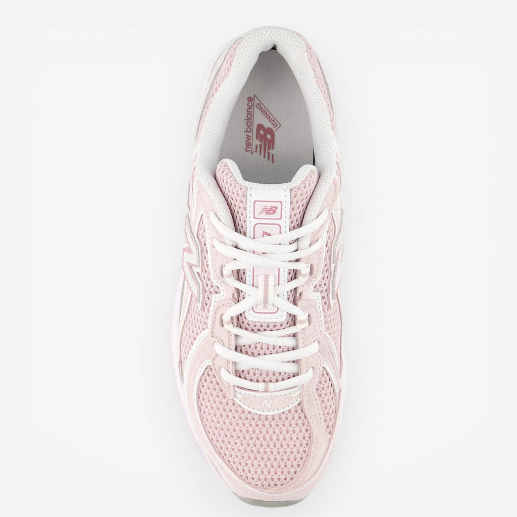 new balance pink mesh sneaker top view, lace-up athletic footwear