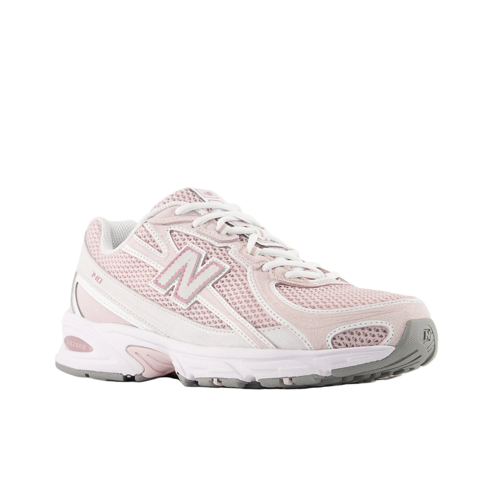 New Balance pink mesh sneaker with white accents, side profile, athletic footwear