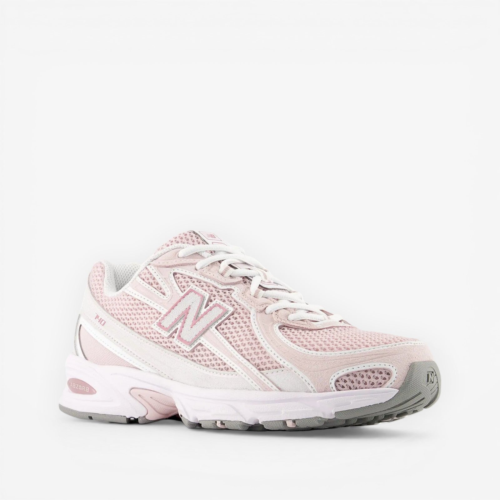 New Balance pink mesh sneaker with white accents, side profile, athletic footwear