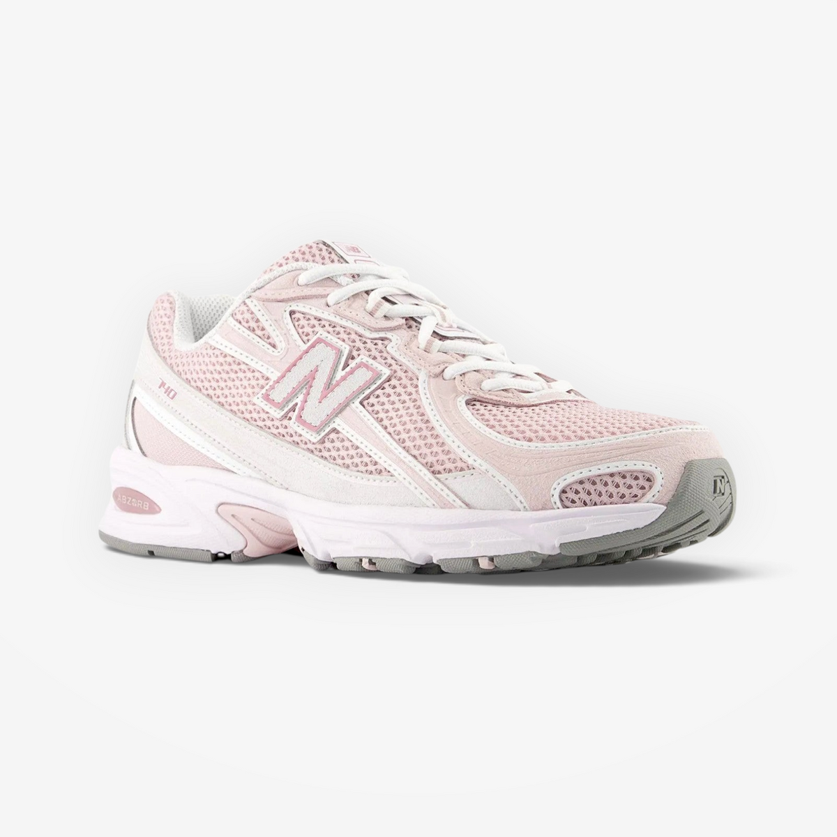 New Balance pink mesh sneaker with white accents, side profile, athletic footwear