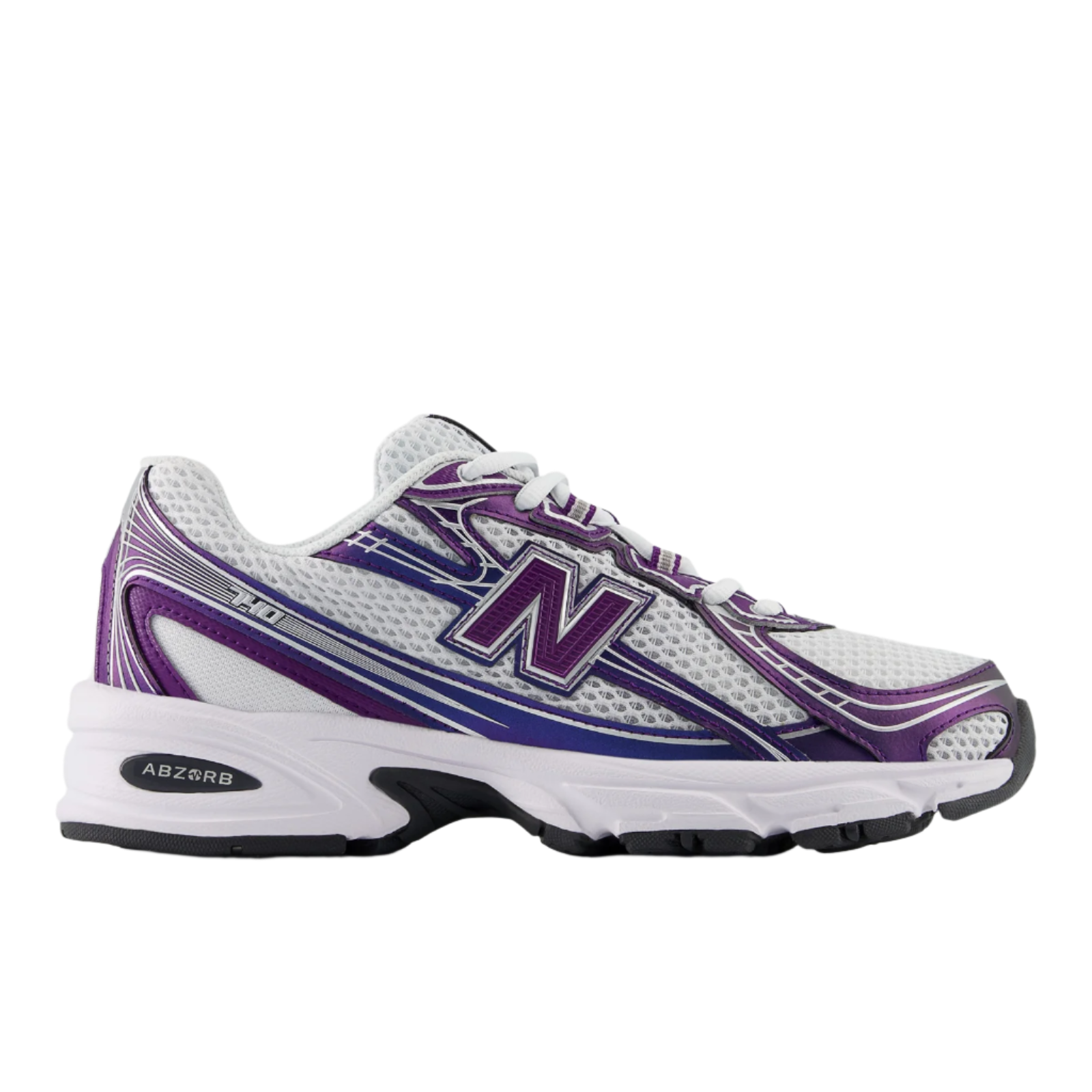 New Balance sneaker with white mesh, purple and blue accents, athletic footwear side view