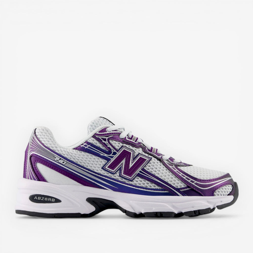 New Balance sneaker with white mesh, purple and blue accents, athletic footwear side view
