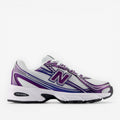 New Balance sneaker with white mesh, purple and blue accents, athletic footwear side view