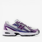 New Balance sneaker with white mesh, purple and blue accents, athletic footwear side view
