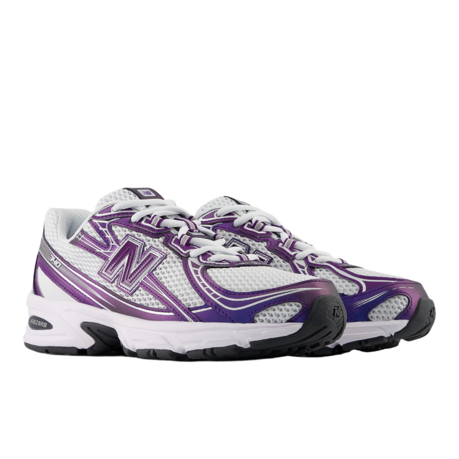 New Balance sneakers in white and purple, mesh upper, side N logo, athletic footwear